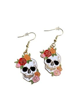 Colorful Botanical Skull Drop Style Pierced Earrings